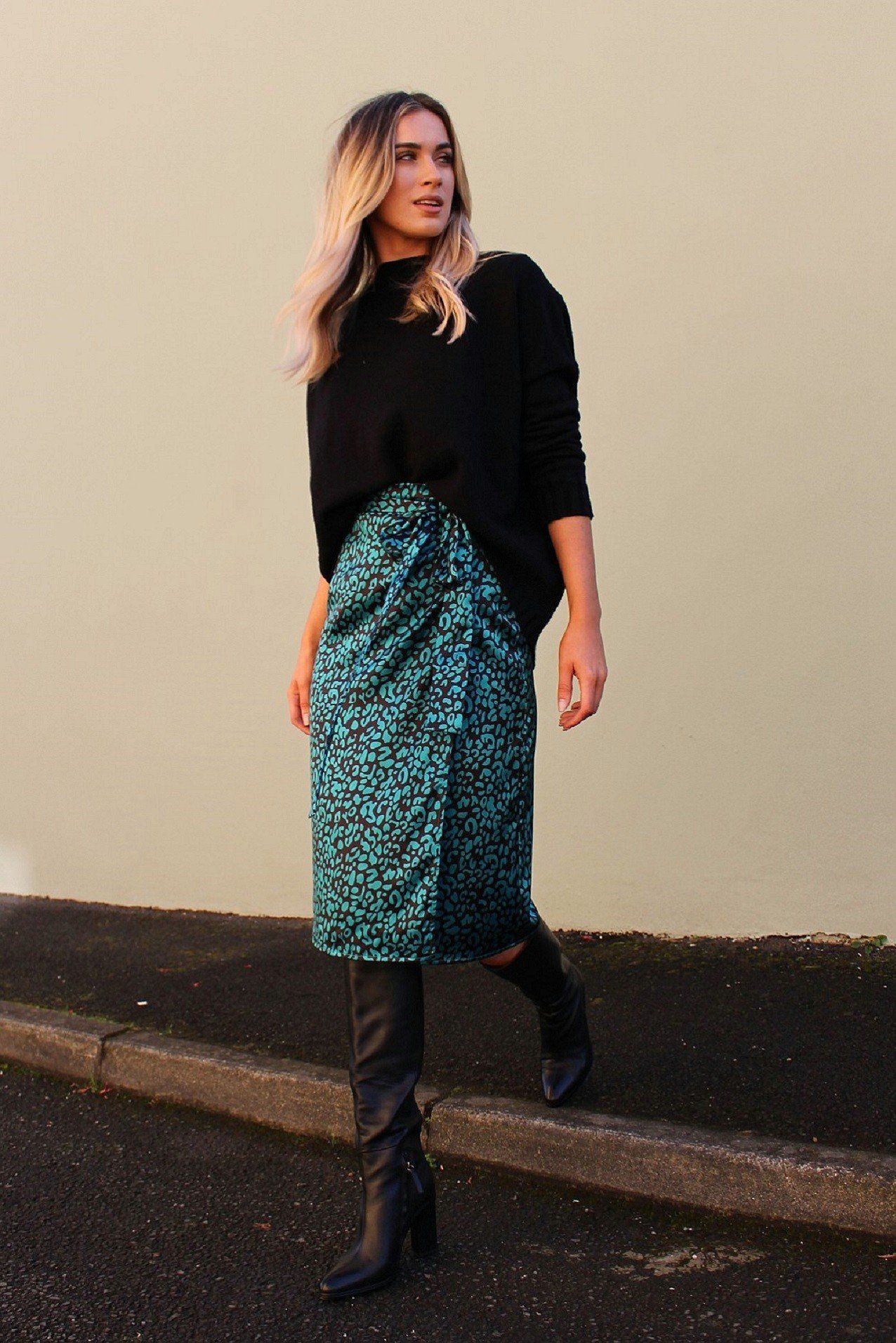 Green Leopard Print Satin Wrap Skirt